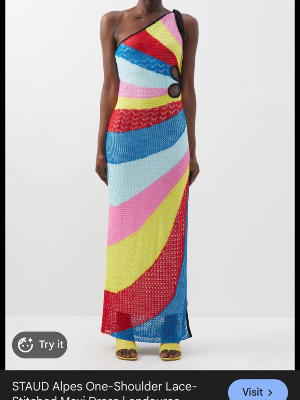 STAUD One-Shoulder Multicolor Lace-Stitched Maxi Dress